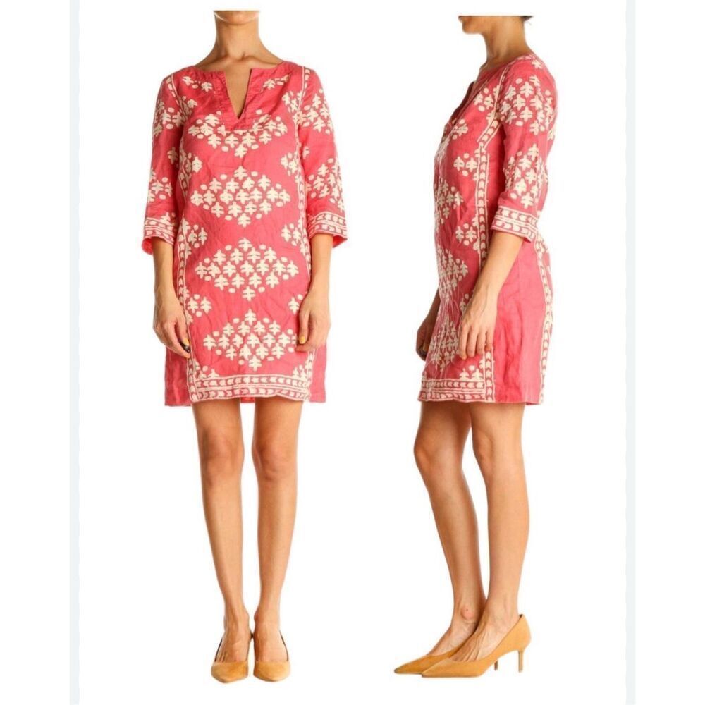 J.Crew linen Java tunic shift dress 3/4 sleeve v neck coral cream 2